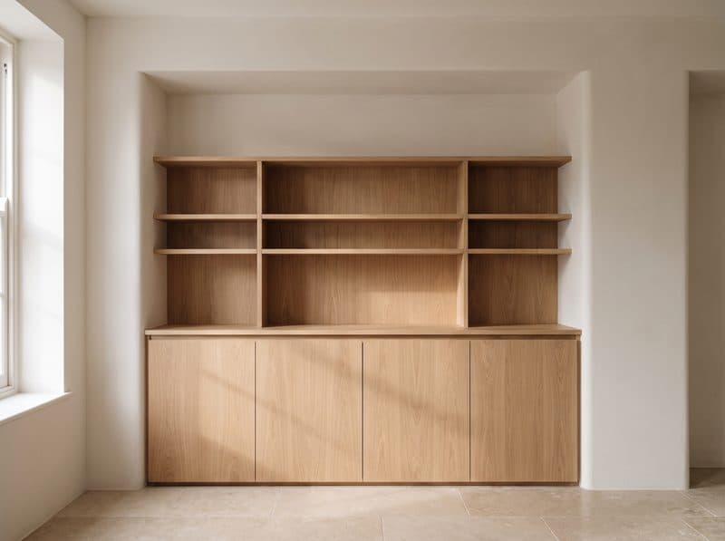 Fitted timber joinery and shelving in an alcove