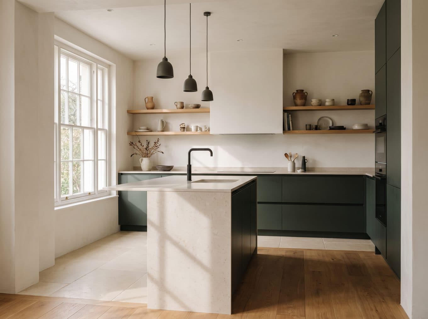A fitted kitchen with modern cabinetry